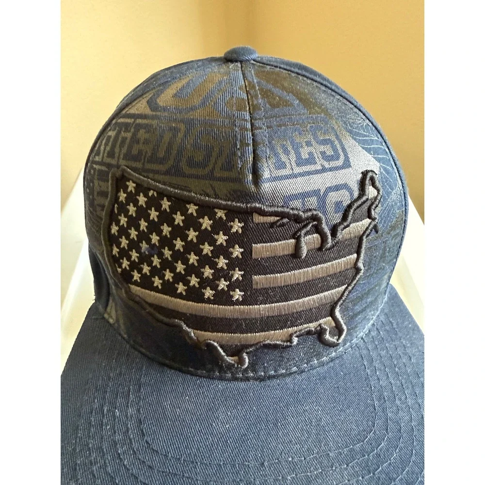 Top Level USA Map Flag Snapback Hat Navy Blue Flat Brim Cap One Size